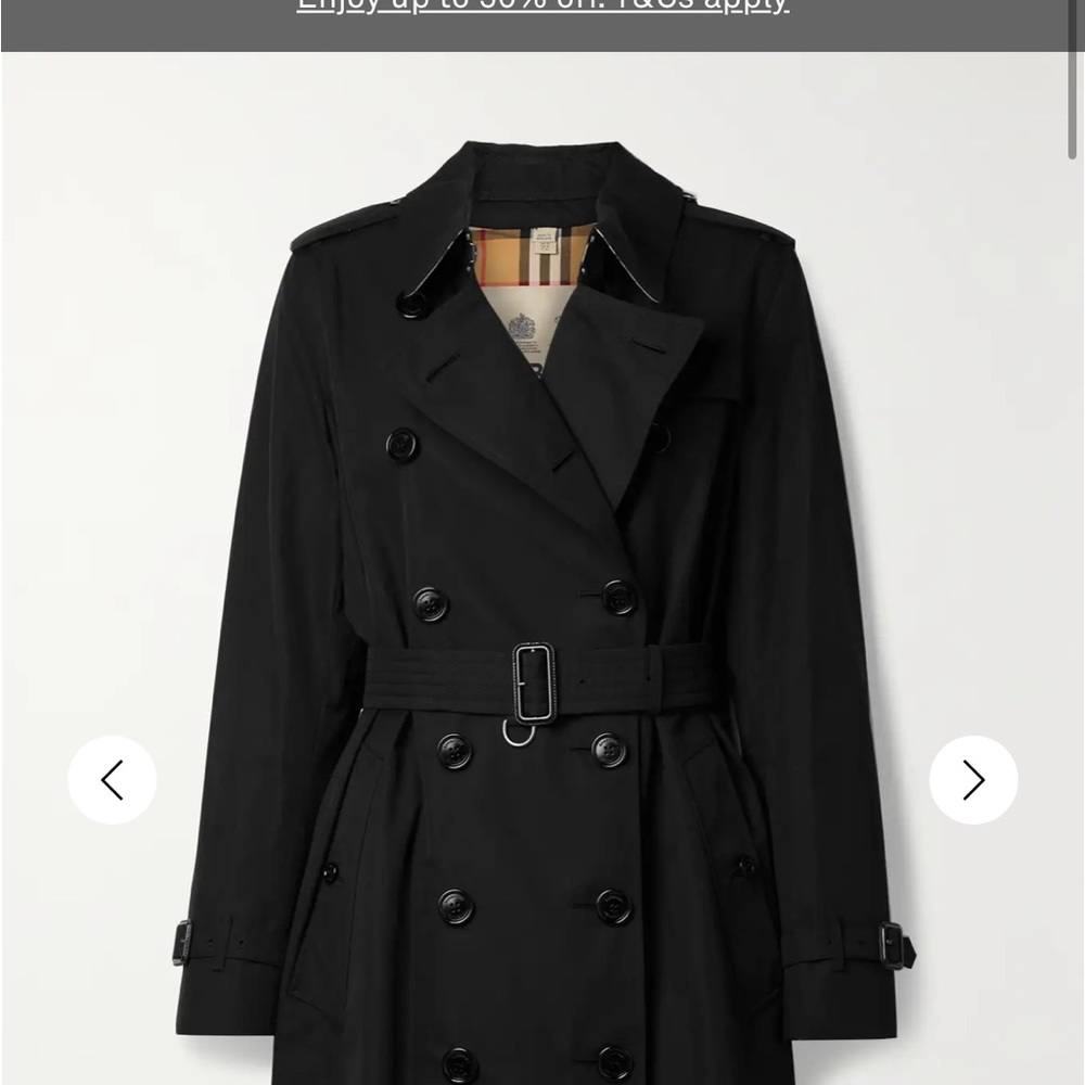 Burberry black cotton mid length trench with leather details and gold US6
